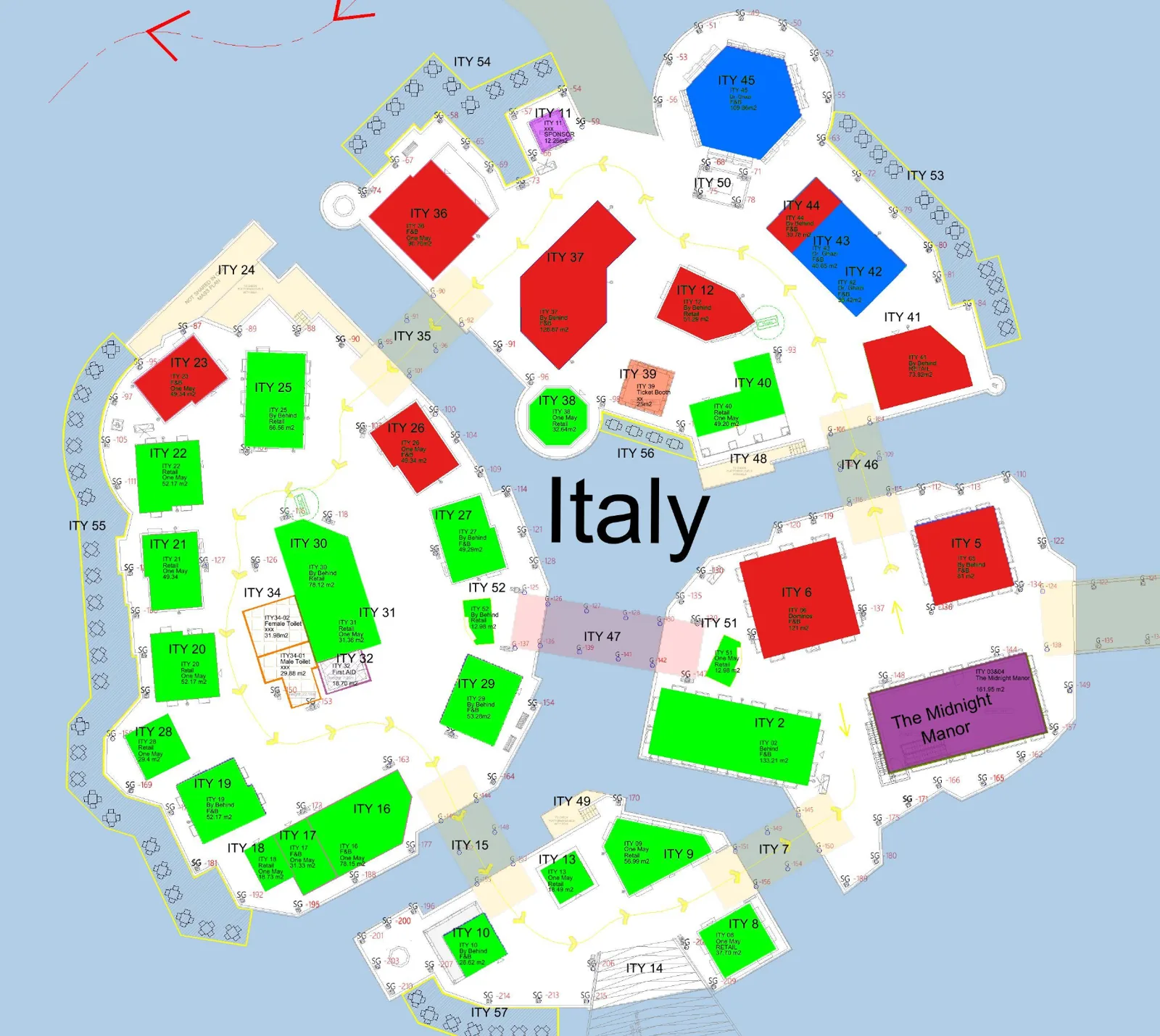 مخطط تأجير المنطقة الإيطالية بوحدات ITY والمساحات م² في بوليفارد ورلد / Italy zone leasing mass plan with ITY units and m² at Boulevard World