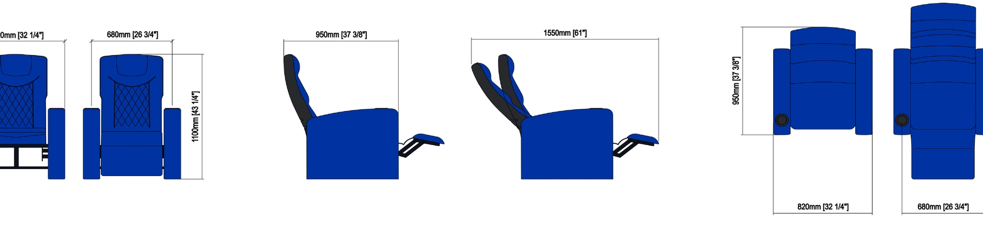 Technical drawing – KING RECLINER R10 — theatre seats by BOXTECH