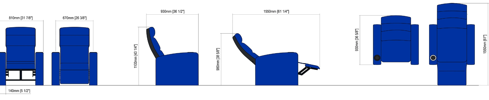 Technical drawing – PRINCE RECLINER R10 — theatre seats by BOXTECH