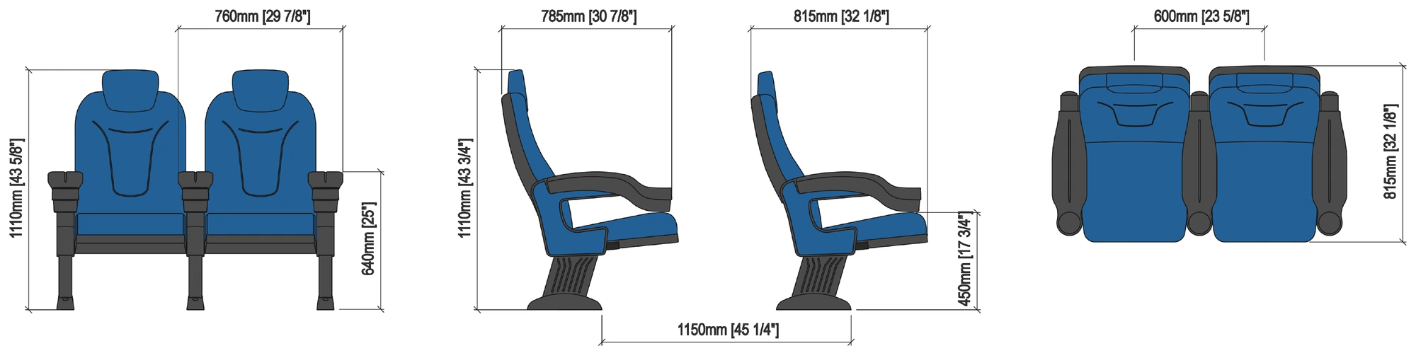 Technical drawing – ROMA COMFORT V09 H — theatre seats by BOXTECH