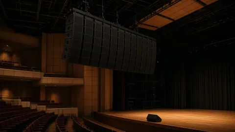 Suspended loudspeaker array above a stage in a hall